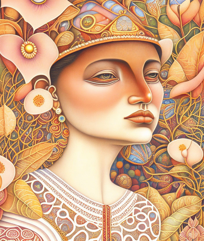 Illustrated portrait of serene woman with floral pattern in warm tones