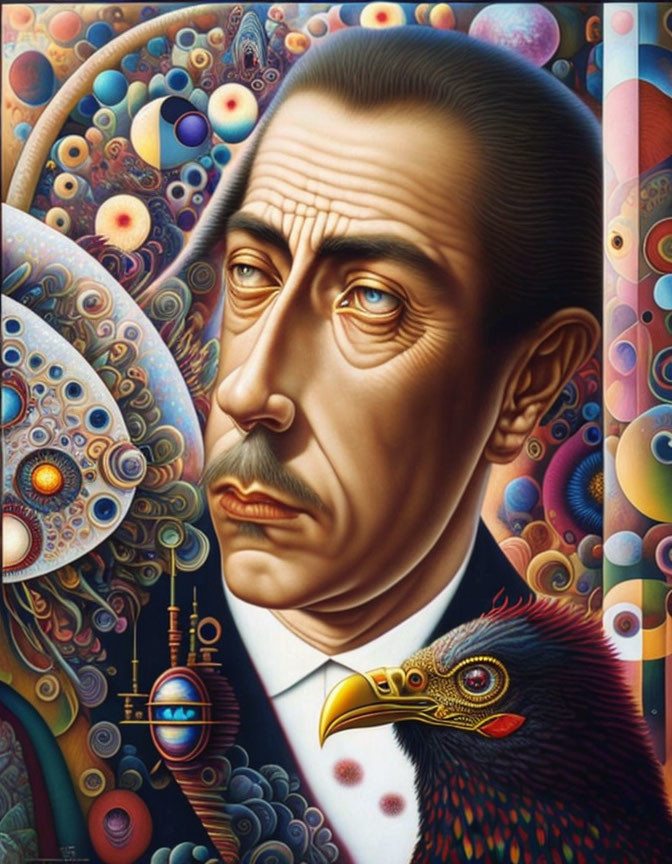 Surrealist painting featuring stern man with eagle's beak amidst colorful patterns