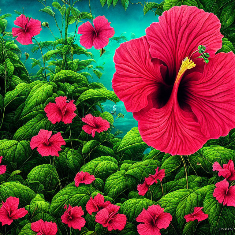 Colorful Hibiscus Flowers Against Blue Sky and Green Foliage