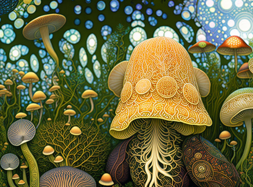 Colorful Mushroom Forest Illustration with Intricate Patterns