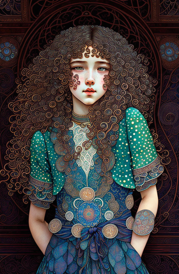 Detailed illustration of girl with curly hair in ornate blue dress