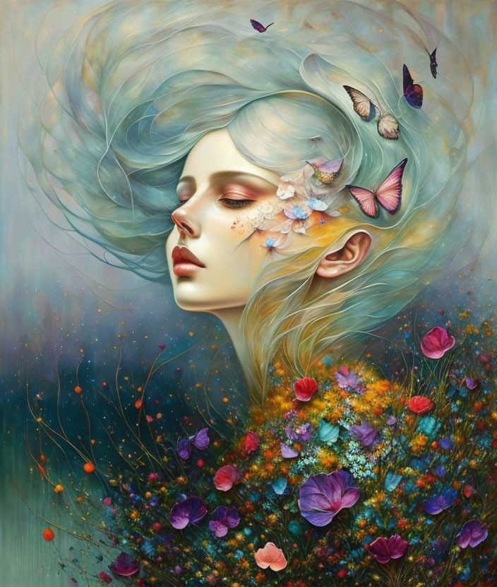 Surreal portrait of a woman with pale blue hair, butterflies, and colorful flowers