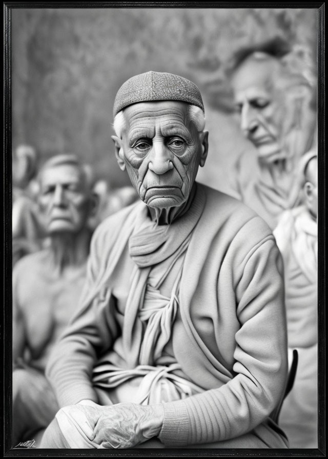 Elderly man in cap with blurred seniors in background