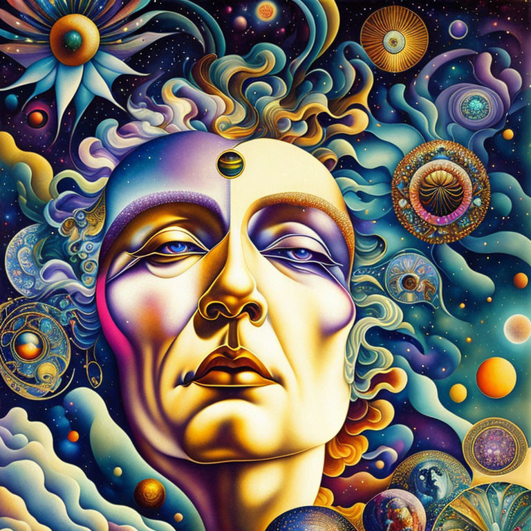 Colorful Psychedelic Artwork with Stylized Face and Celestial Motifs