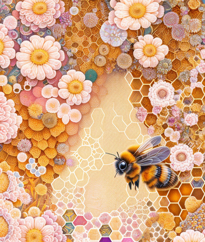 Detailed Bee Illustration with Flowers and Honeycombs in Warm Tones