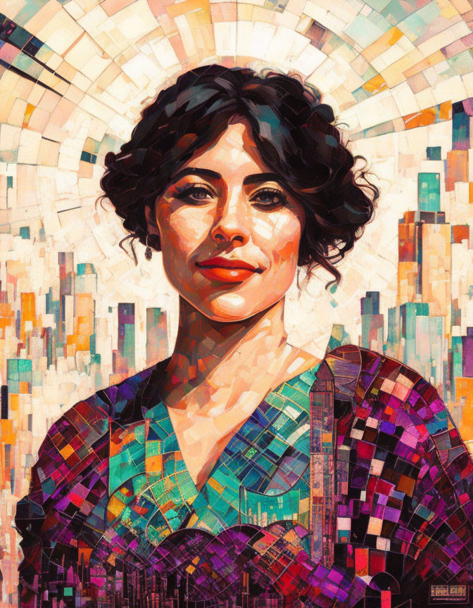 Vibrant geometric portrait of a woman with curly hair