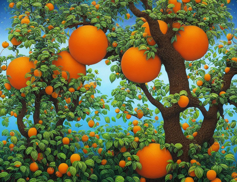 Colorful Orange Tree Illustration with Oversized Oranges in Lush Foliage