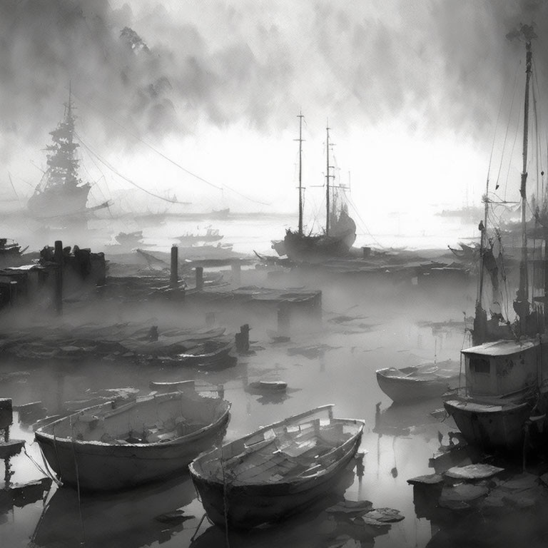 Monochrome painting of misty harbor with boats reflected in calm water