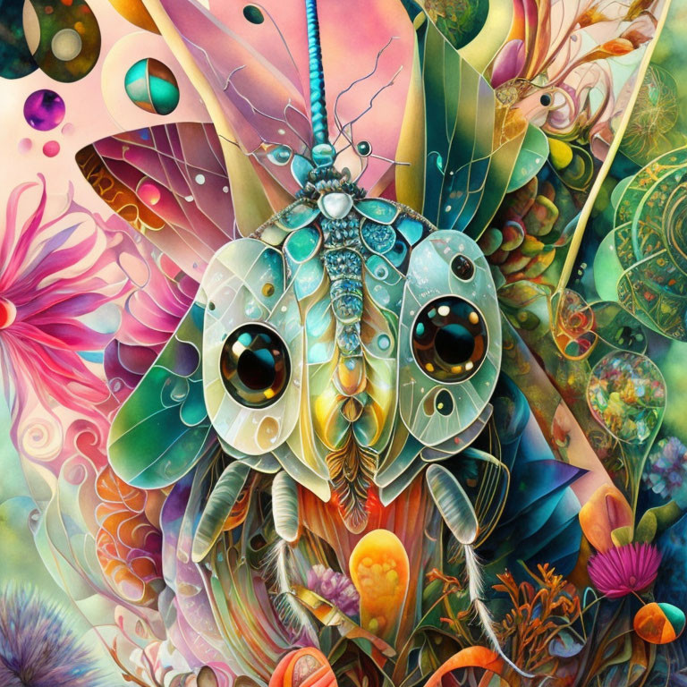 Colorful surreal illustration: moth with eyes on wings surrounded by plants.