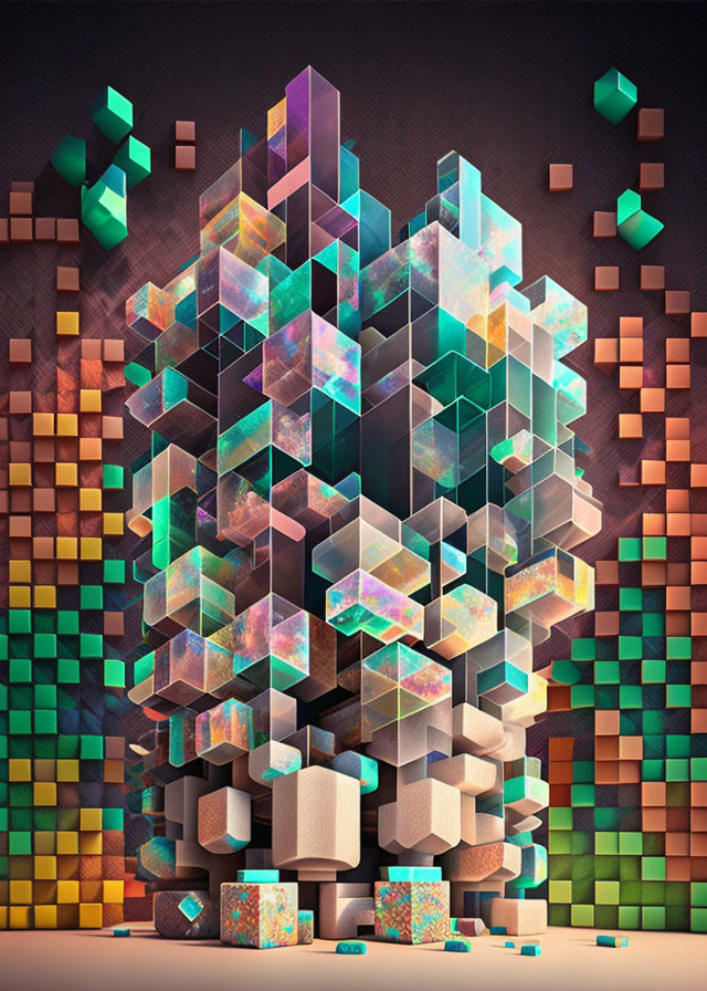 Colorful Cubist Style Digital Art: Geometric Crystal Forms on Dark Background