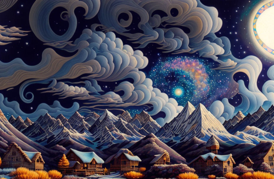 Surreal mountain village under starry sky with swirling clouds