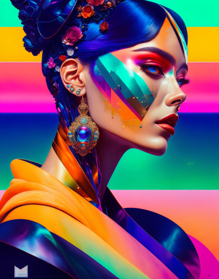 Colorful digital portrait of a woman with crystal face and rainbow background