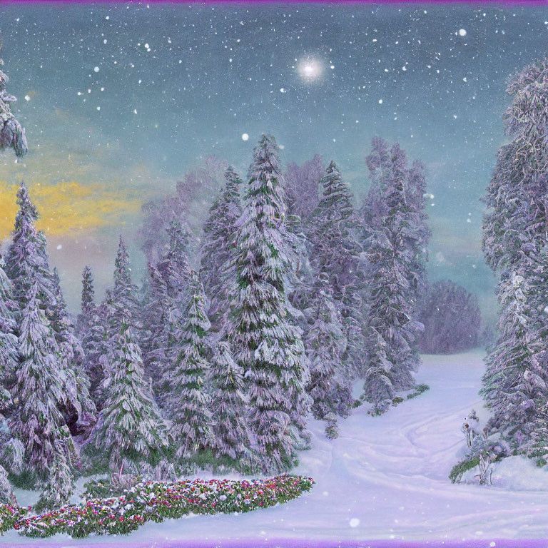 Snow-covered pine trees under starry sky in tranquil winter dusk forest scene