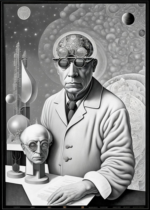 Monochrome illustration of man with transparent head and cosmic elements, architectural and celestial background.