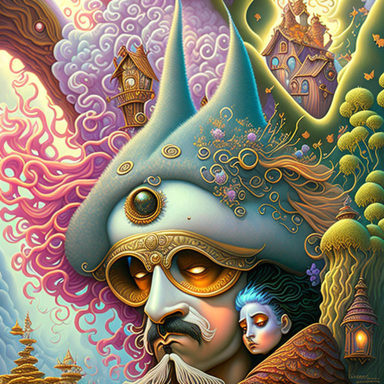 Vibrant Surrealist Artwork Featuring Masked Figure and Blended Elements