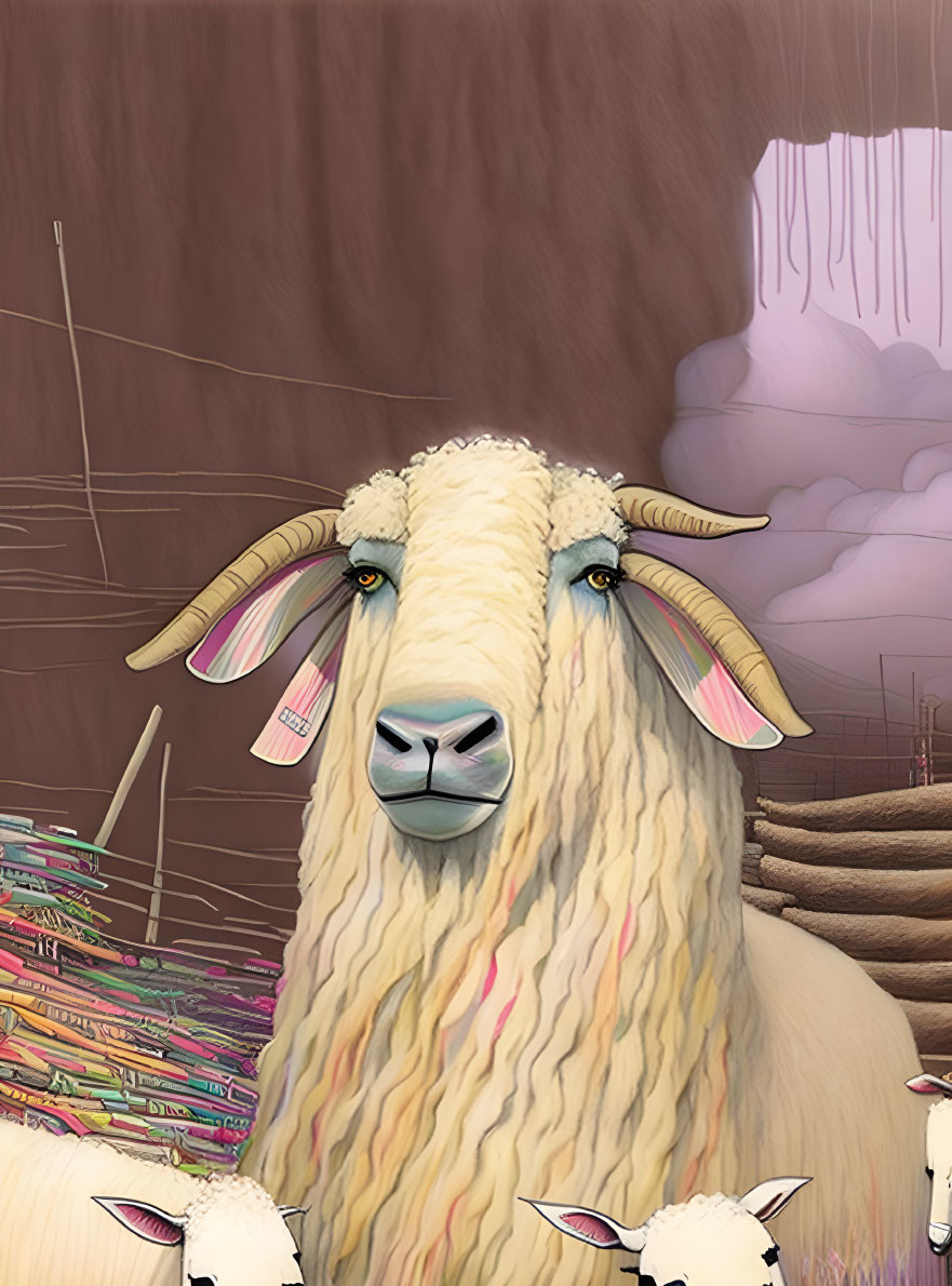 Stylized sheep illustration with multicolored wool and horns in dreamy landscape