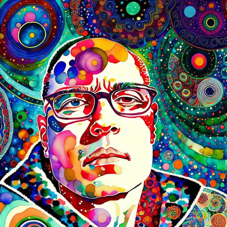 Colorful Watercolor Portrait with Kaleidoscope Patterns and Overlaid Elements