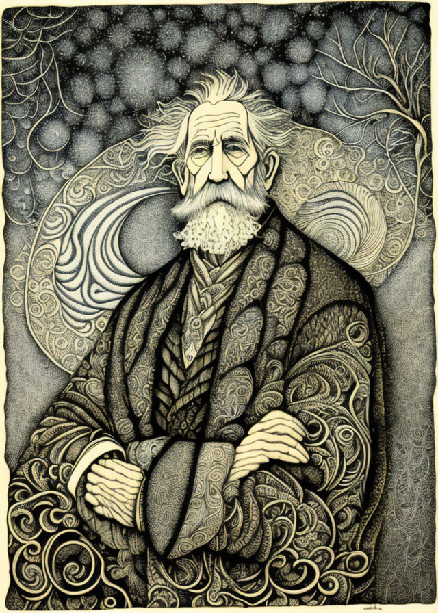 Elderly man with long beard in ornate robe on intricate background