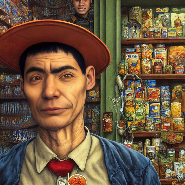 Man in red hat and blue shirt in front of colorful canned goods shelf