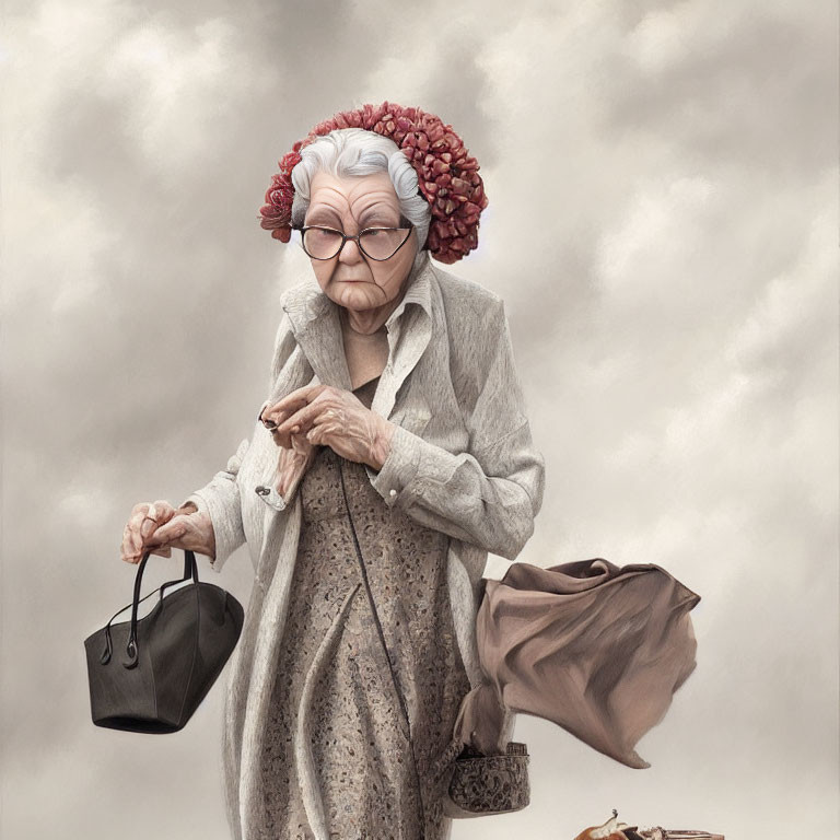 Elderly woman in glasses and headscarf with handbag and coat.