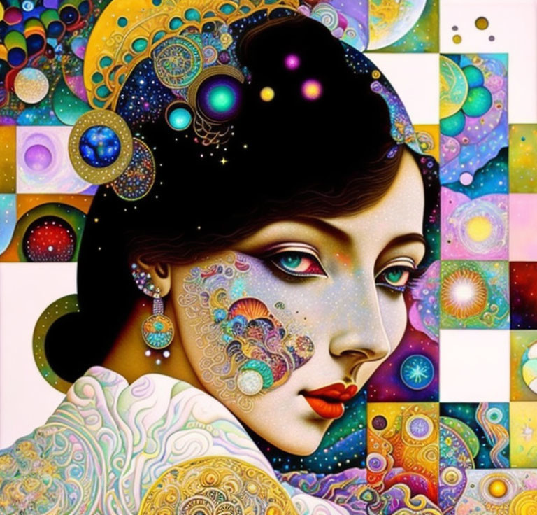 Colorful cosmic and psychedelic woman's face artwork with stars and planets.