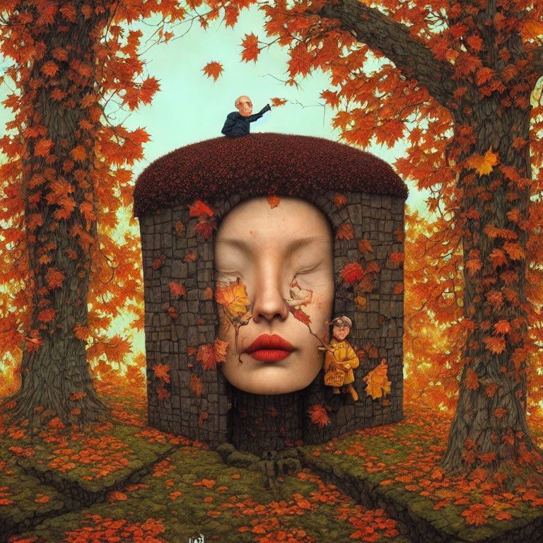 Surreal stone head illustration with autumn leaves and figures