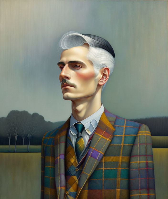 Stylized portrait of a man with white hair and checkered blazer