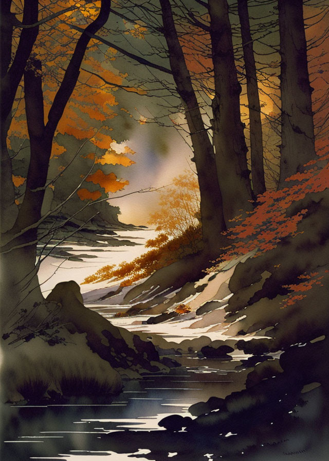 Autumn Forest Stream Painting in Warm Hues