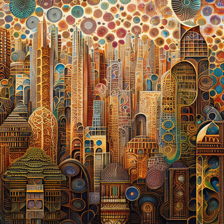 Detailed Imaginary Cityscape Painting with Vibrant Colors