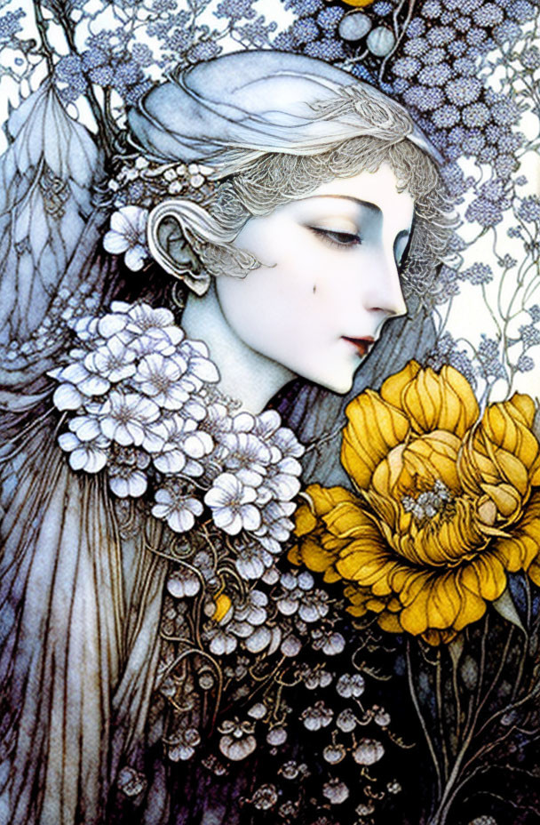 Serene woman surrounded by intricate flowers and fine details