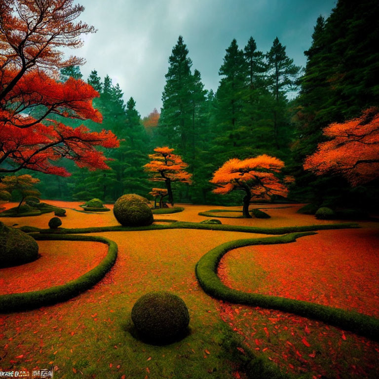 Colorful Autumn Garden with Curly Grass Paths and Spherical Shrubs