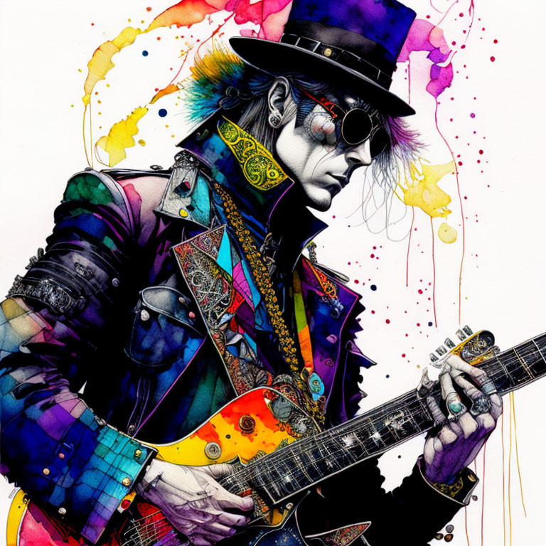 Vibrant guitarist illustration with sunglasses and top hat