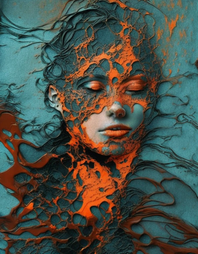 Surreal portrait with orange and blue color palette and intricate liquid/lace patterns