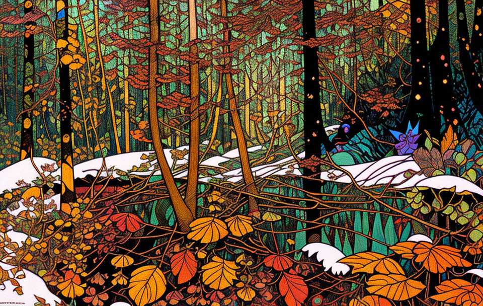 Colorful forest scene with intricate patterns and hidden figures