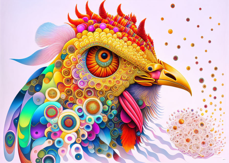 Vibrant bird illustration with intricate patterns on pastel background