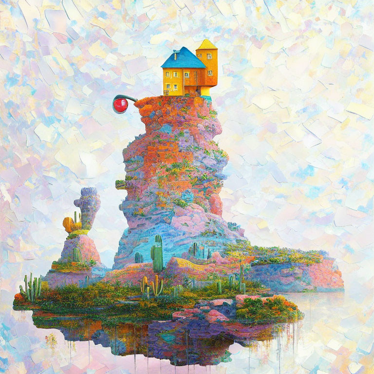 Colorful painting of flowering rock pillar with yellow house and red balloon under mosaic sky