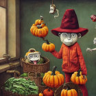 Monkeys in human clothes with pumpkins and greenery in a playful room