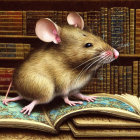 Detailed Illustration: Mouse on Open Book with Vintage Bookshelf Backdrop