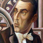 Surrealist painting featuring stern man with eagle's beak amidst colorful patterns