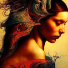 Profile view of woman with vibrant flowing hair in warm colors and swirling patterns