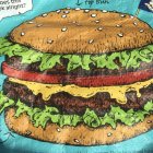 Surreal illustration of giant hamburger with oversized ingredients in room with small blue creatures