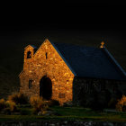 Stone cottage with blue roof illuminated at night in dark forest