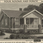 Detailed drawing of rustic house with large porch, elaborate roofing, leafless tree, lamp posts