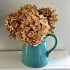 Colorful Teapot with Overflowing Flowers on Pale Background