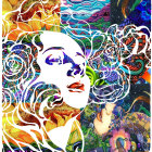 Colorful abstract art: Woman's face merges with intricate architecture and swirling patterns