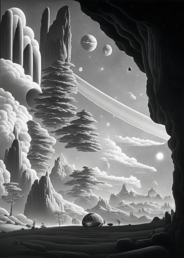 Monochrome sci-fi landscape with rock formations, trees, dome, and celestial bodies.