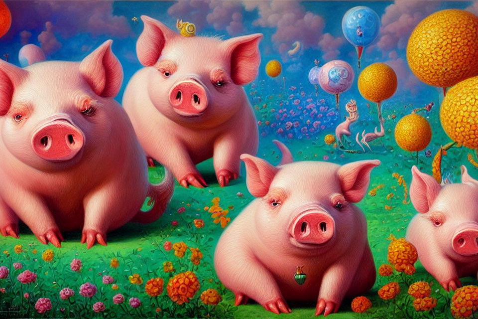 Colorful Cartoon Pigs Surrounded by Trees, Balloons, and Flowers