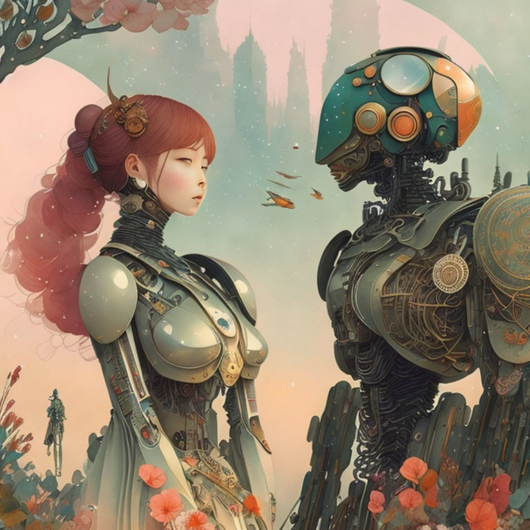 Pink-haired woman with floral hair facing robotic figure in pastel backdrop.