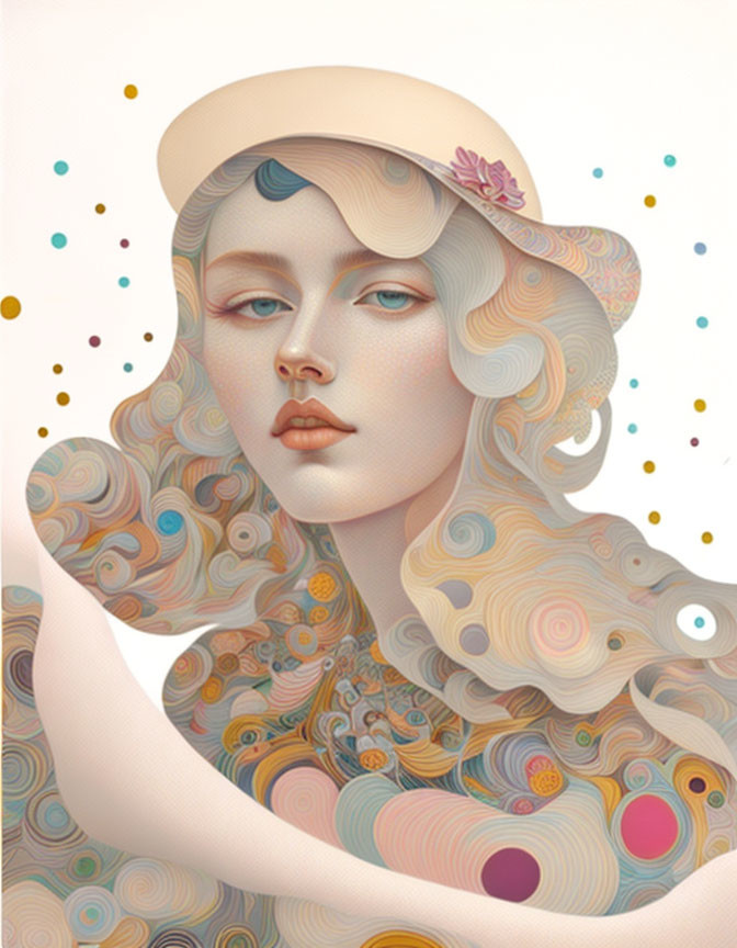 Stylized illustration of woman with wavy hair and hat in soft pastel colors