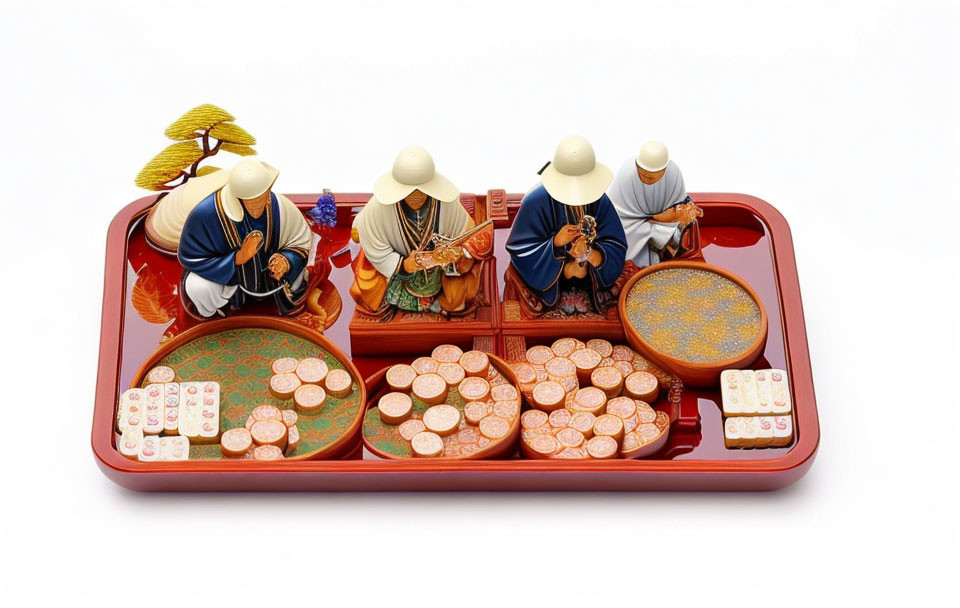 Japanese Miniature Figurine Set of Four Individuals Playing Traditional Game on Red Tray